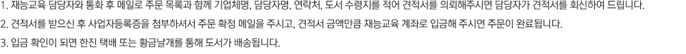 1. 재능교육 담당자와 통화 후 메일로 주문 목록과 함께 기업체명, 담당자명, 연락처, 도서 수령지를 적어 견적서를 의뢰해주시면 담당자가 견적서를 회신하여 드립니다. 2. 견적서를 받으신 후 사업자등록증을 첨부하셔서 주문 확정 메일을 주시고, 견적서 금액만큼 재능교육 계좌로 입금해 주시면 주문이 완료됩니다.  3. 입금 확인이 되면 한진 택배 또는 황금날개를 통해 도서가 배송됩니다. 